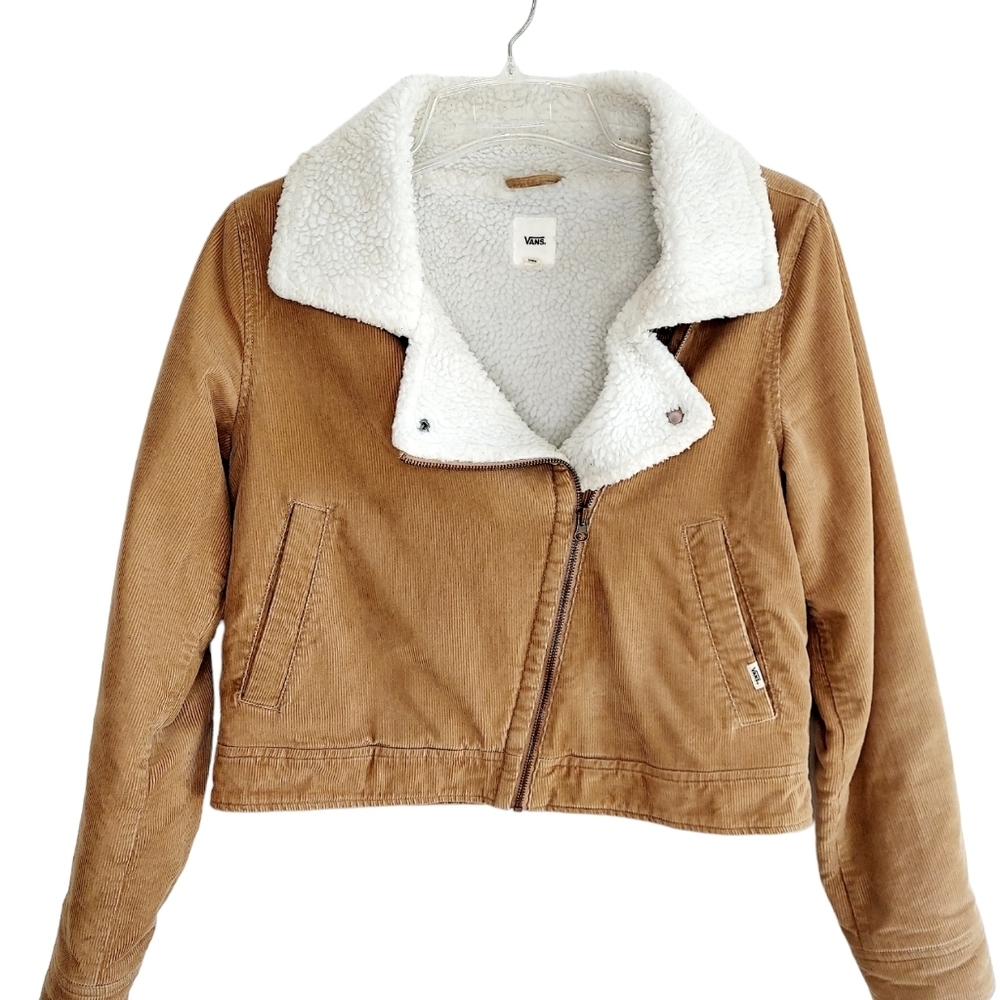 Vans Women Corduroy  Moto Jacket Sherpa Trim Lining Tan with Pockets Medium Coat